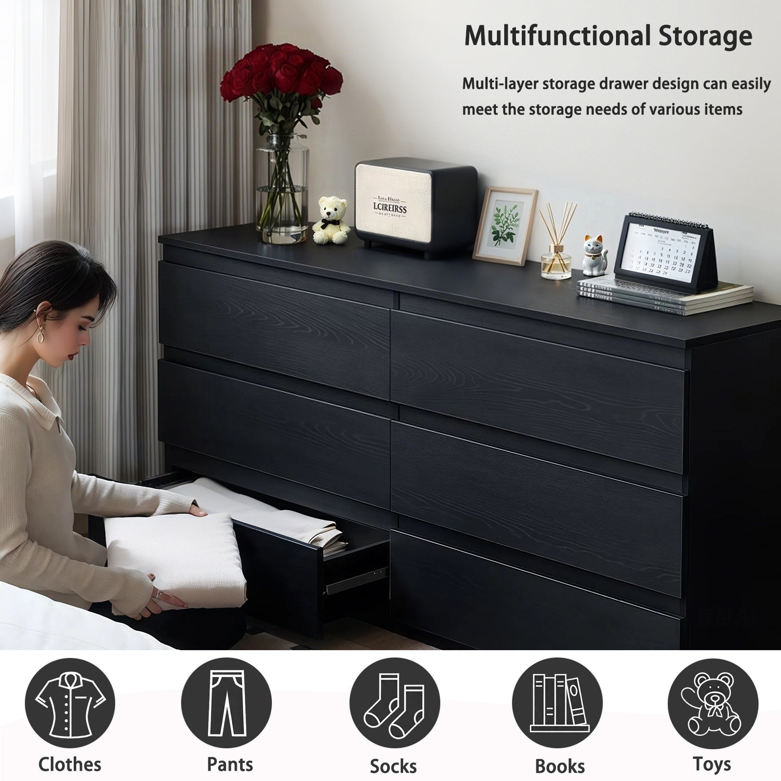 Modern 6 Drawer Dresser with Spacious Countertop and Concealed Handles, Storage Cabinet for Bedroom and Living Room, Black MDF - Grand Goldman Shop
