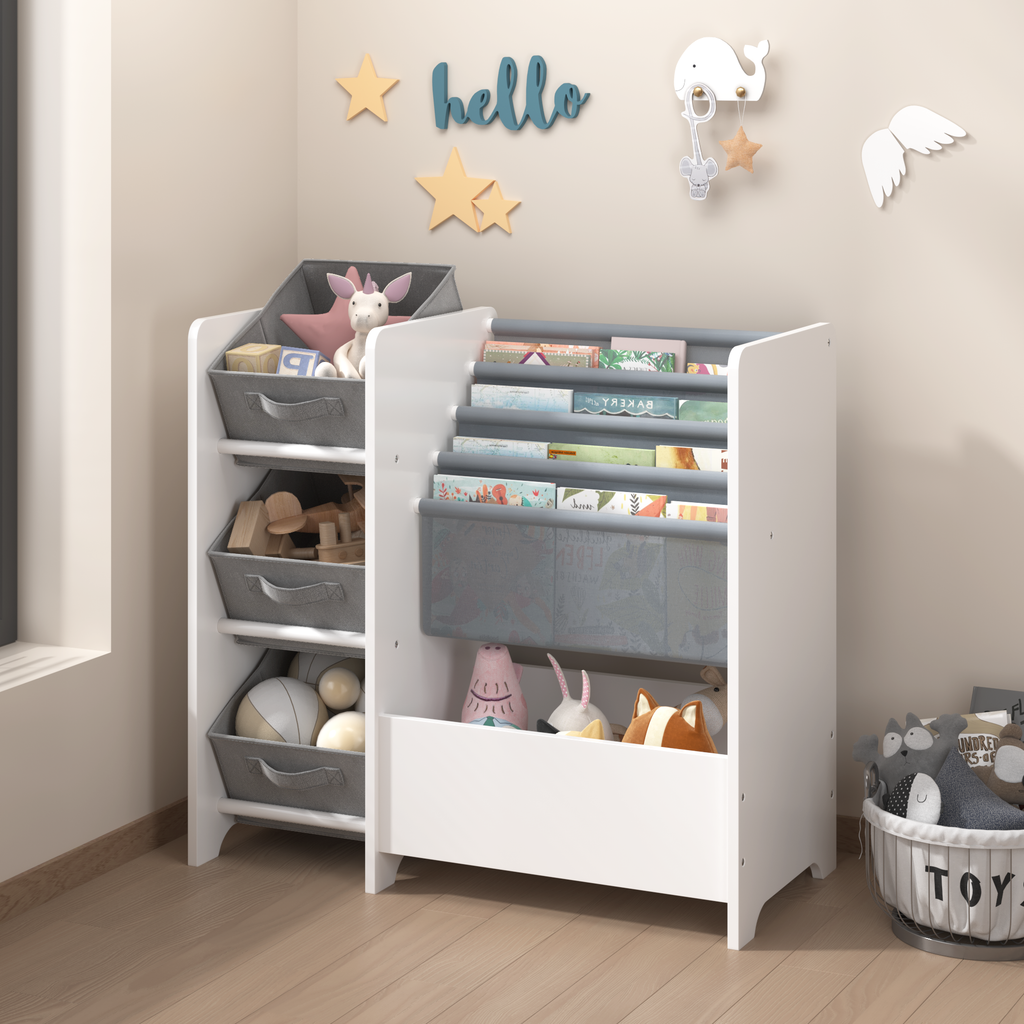 Kids Bookshelf and Toy Storage Organizer, Multifunctional 4-Tier White MDF Bookshelf with 3 Collapsible Fabric Drawers for Nu
