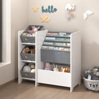 Kids Bookshelf and Toy Storage Organizer, Multifunctional 4-Tier White MDF Bookshelf with 3 Collapsible Fabric Drawers for Nu