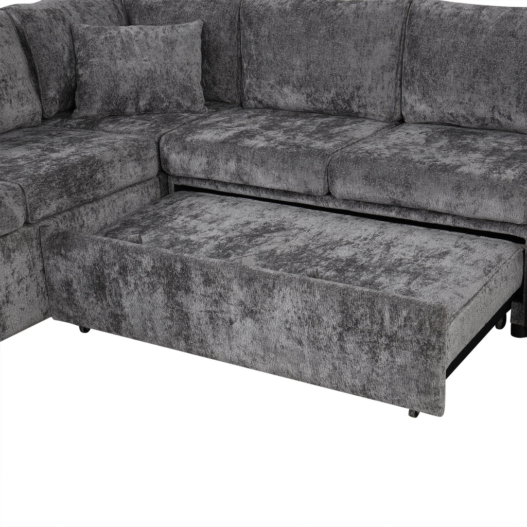 Modern Sectional Sofa Pull-out Sleeper with Storage Ottoman, USB Charging, Grey Tweed Chenille, 112.2' - Grand Goldman Shop