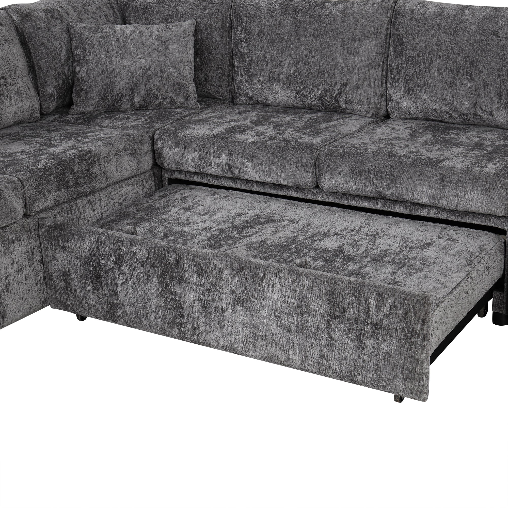 Modern Sectional Sofa Pull-out Sleeper with Storage Ottoman, USB Charging, Grey Tweed Chenille, 112.2' - Grand Goldman Shop