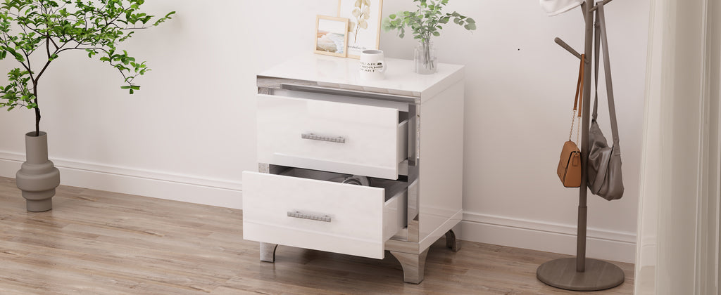 Elegant High Gloss Nightstand with Metal Handle,Mirrored Bedside Table with 2 Drawers for Bedroom,Living Room,White - Grand Goldman Shop