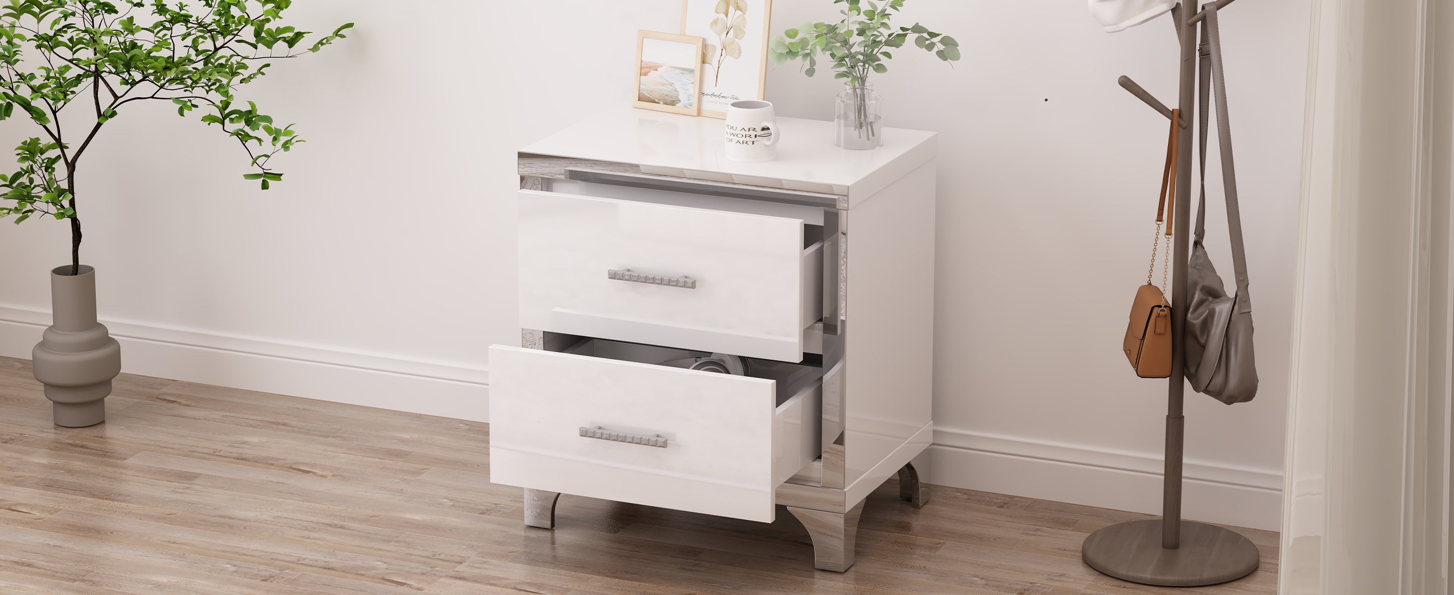 Elegant High Gloss Nightstand with Metal Handle,Mirrored Bedside Table with 2 Drawers for Bedroom,Living Room,White - Grand Goldman Shop