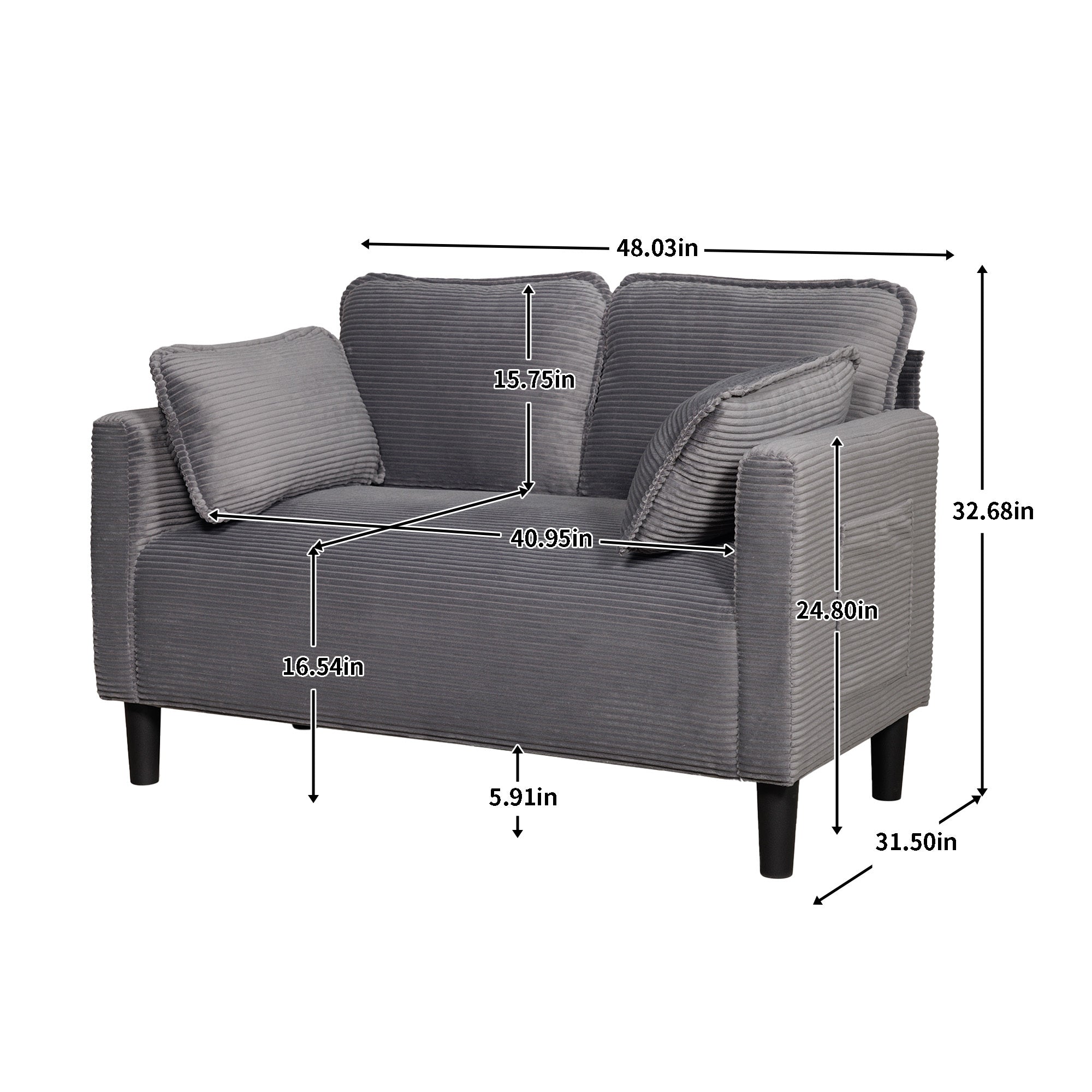 48' Soft Corduroy Loveseat Couch W/Soft Cushions,Side Storage Pocket,Sturdy Composite Board & Solid Wood Frame, High Rebound Sponge,Easy Assembly,Ideal for Living Room,Apartment,Dorm,Office. - Grand Goldman Shop