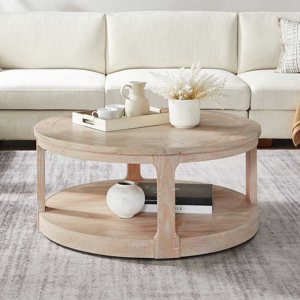 40inch Large Curved 2 Tier Traditional Round Circle Wooden Center Coffee Table,Rounded Table with Wheels,Mid Century Rustic Style Table for living Room,Office,Apartment,OAK - Grand Goldman Shop