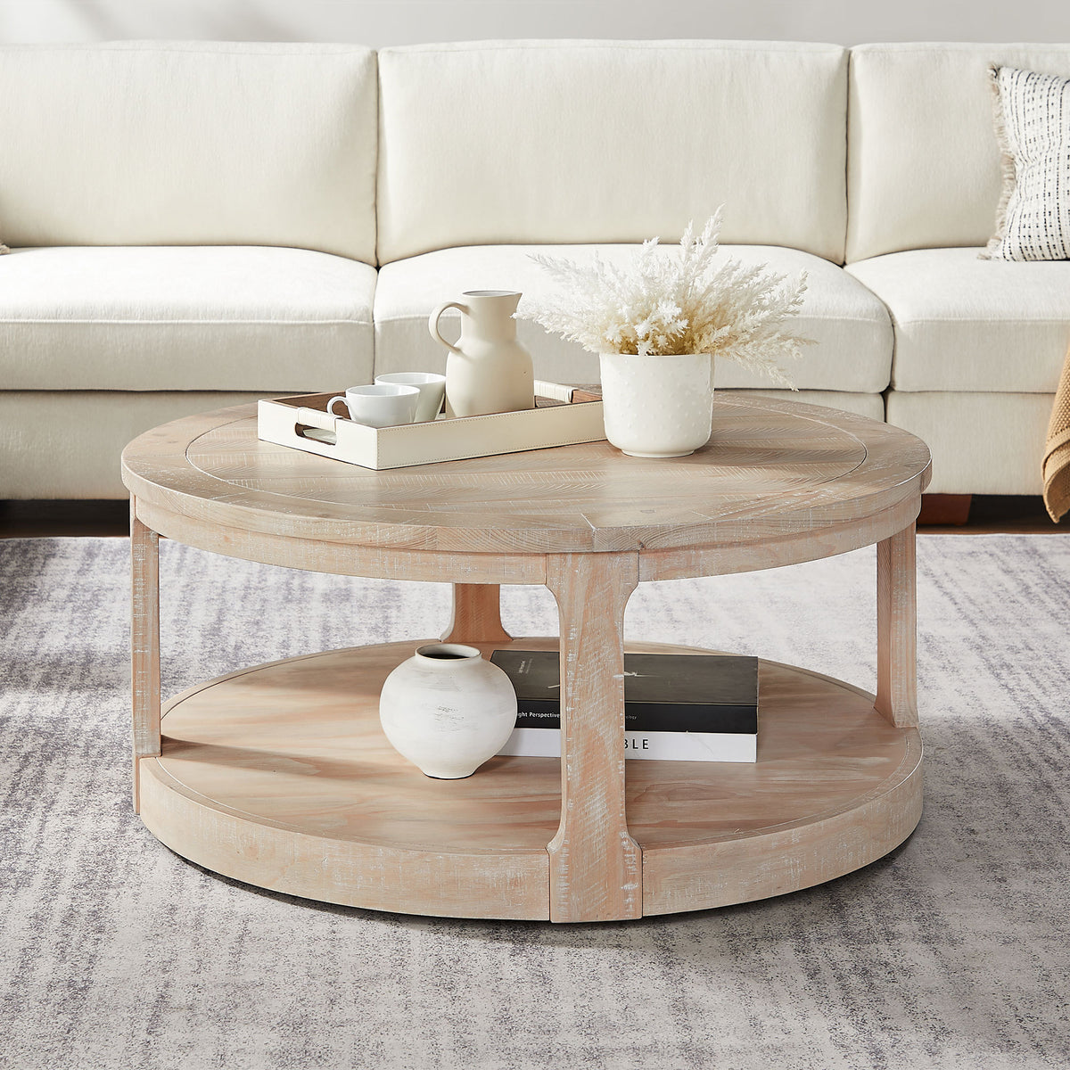 40inch Large Curved 2 Tier Traditional Round Circle Wooden Center Coffee Table,Rounded Table with Wheels,Mid Century Rustic Style Table for living Room,Office,Apartment,OAK - Grand Goldman Shop