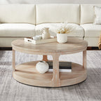 40inch Large Curved 2 Tier Traditional Round Circle Wooden Center Coffee Table,Rounded Table with Wheels,Mid Century Rustic Style Table for living Room,Office,Apartment,OAK - Grand Goldman Shop
