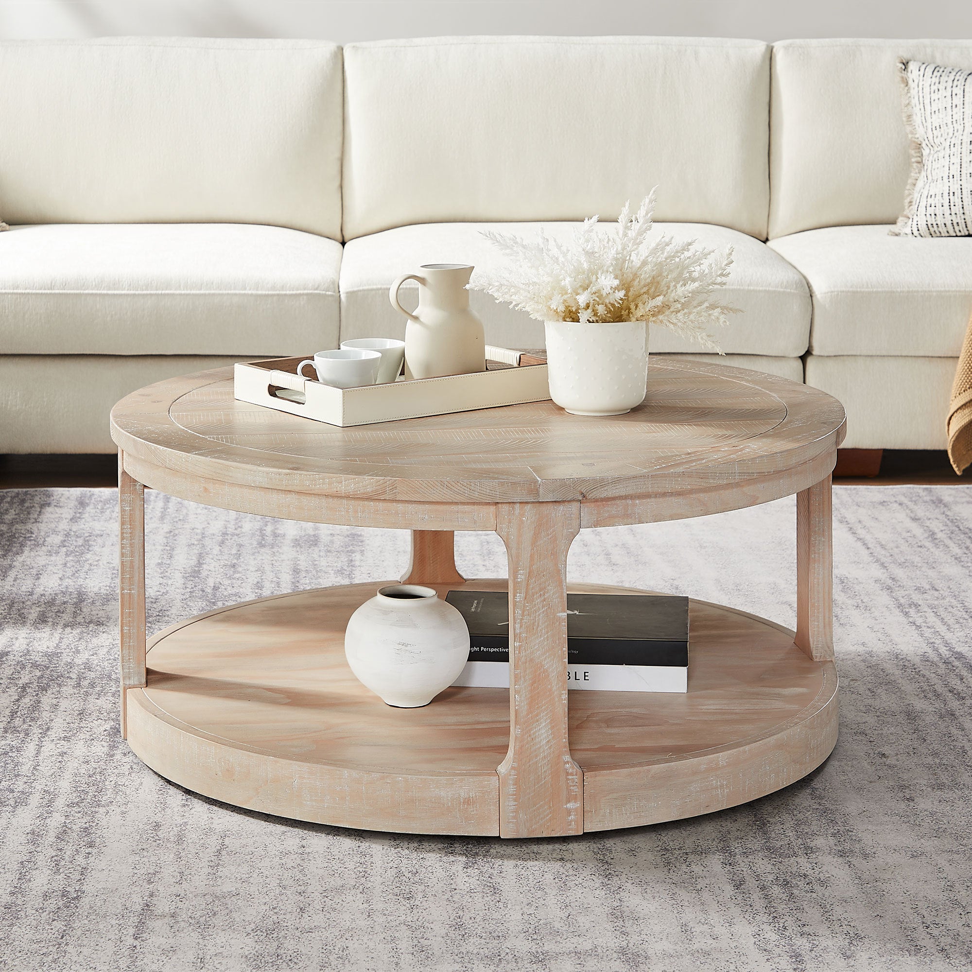 40inch Large Curved 2 Tier Traditional Round Circle Wooden Center Coffee Table,Rounded Table with Wheels,Mid Century Rustic Style Table for living Room,Office,Apartment,OAK - Grand Goldman Shop