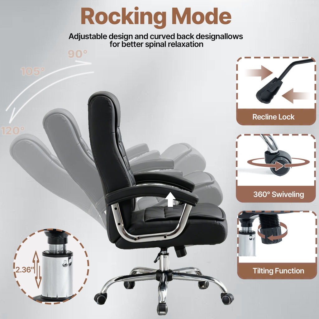 Executive Office Chair High Back PU Leather Desk Chair with Spring Seat Cushion, Ergonomic Swivel Computer Chair with Chrome 