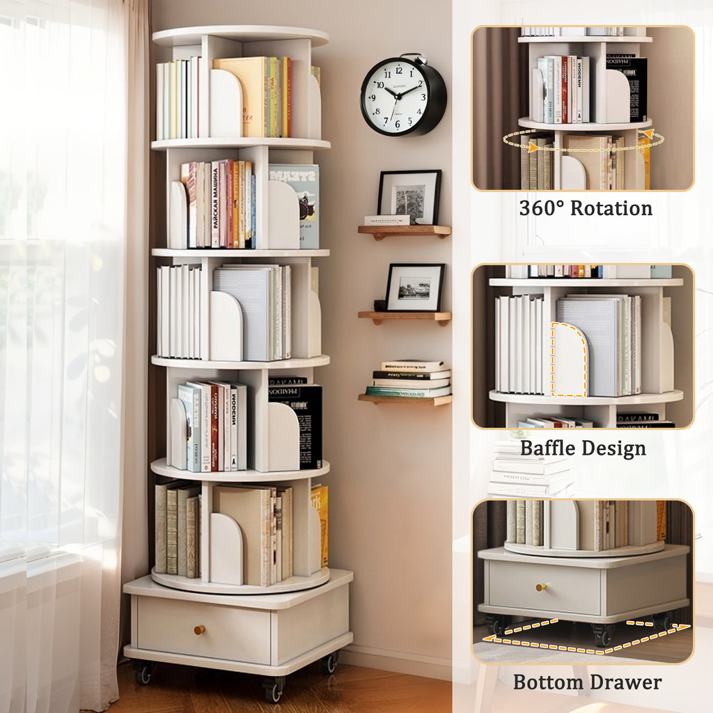 6 Tier Rotating Bookshelf, 360° Display Round Spinning Bookshelf with Wheels and Drawer, Space-Saving, Small Space Rotating Bookshelf Tower for Bedroom, Living Room, Home, Office, Warm White - Grand Goldman Shop