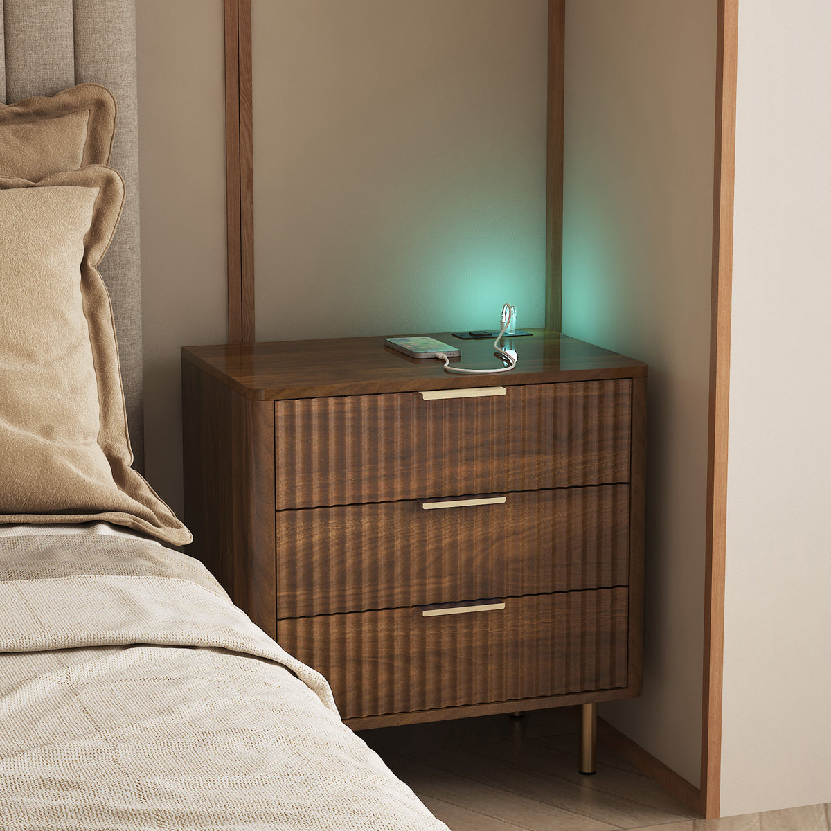 Nightstand with Charging Station, Smart Nightstand with Night Light, Modern Night Stand with Storage Cabinet for Bedroom, Wood - Grand Goldman Shop