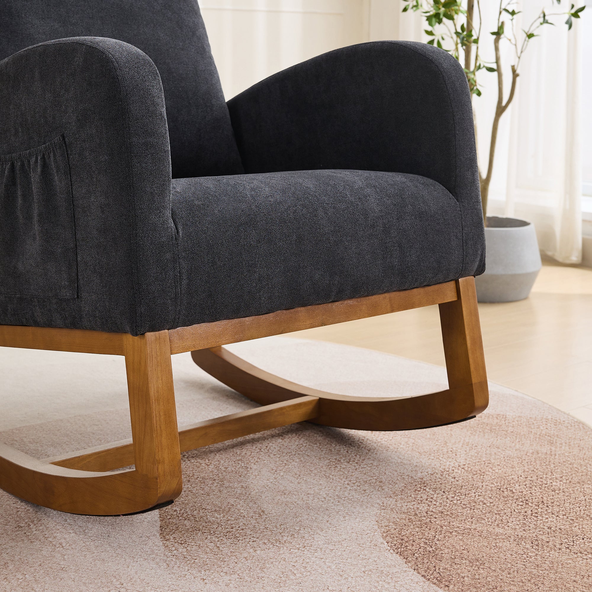 27.2'W Rocking Chair for Nursery, Polyester Glider Chair with High Back and Side Pocket, Rocking Accent Armchair with Rubber Wood Legs for Living Room/Bedroom.Black - Grand Goldman Shop