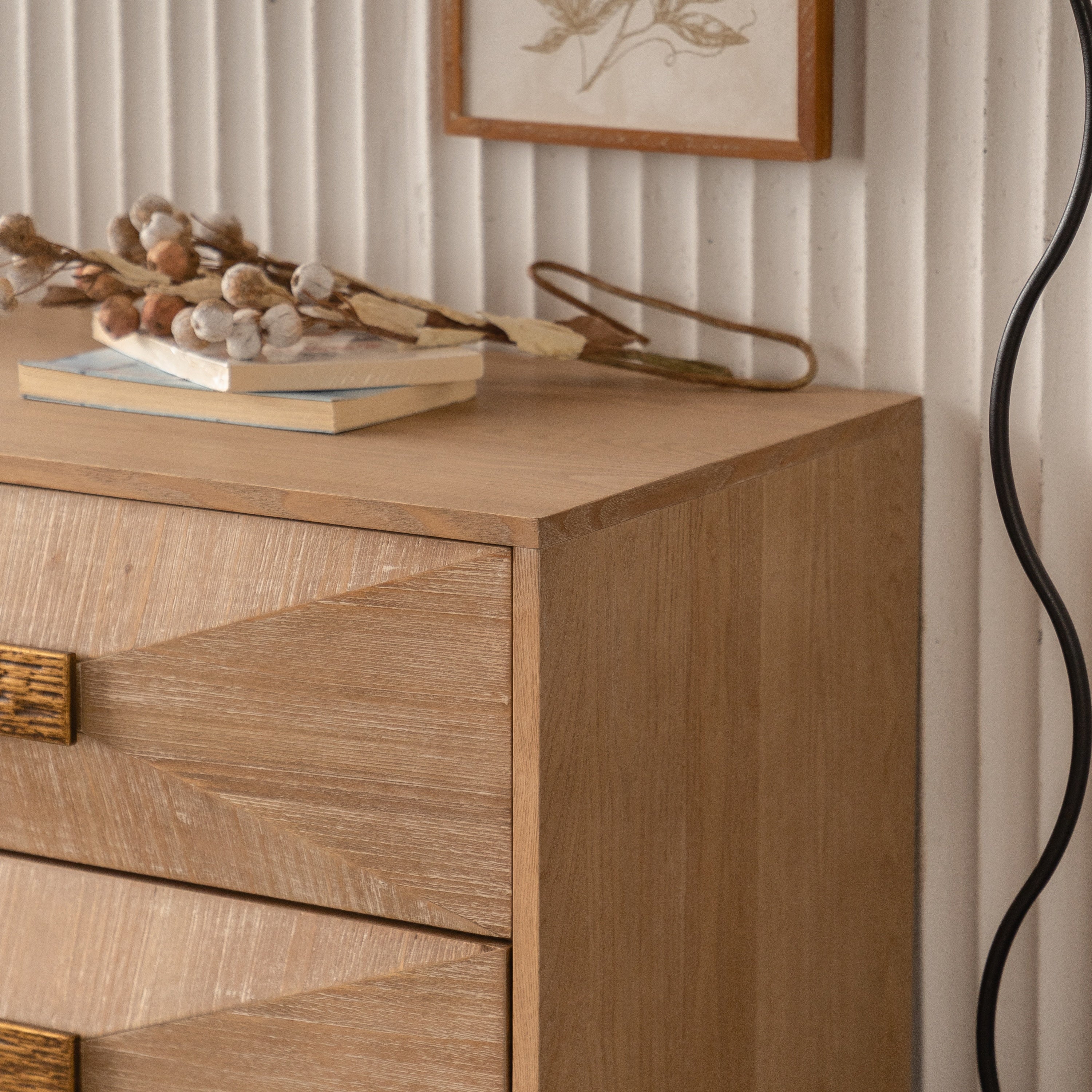 47.24' Light Wood 6-Drawer Dresser - Geometric Relief Chest of Drawers with Gold Metal Legs, Modern Sideboard Console Table for Living Room/Bedroom - Grand Goldman Shop
