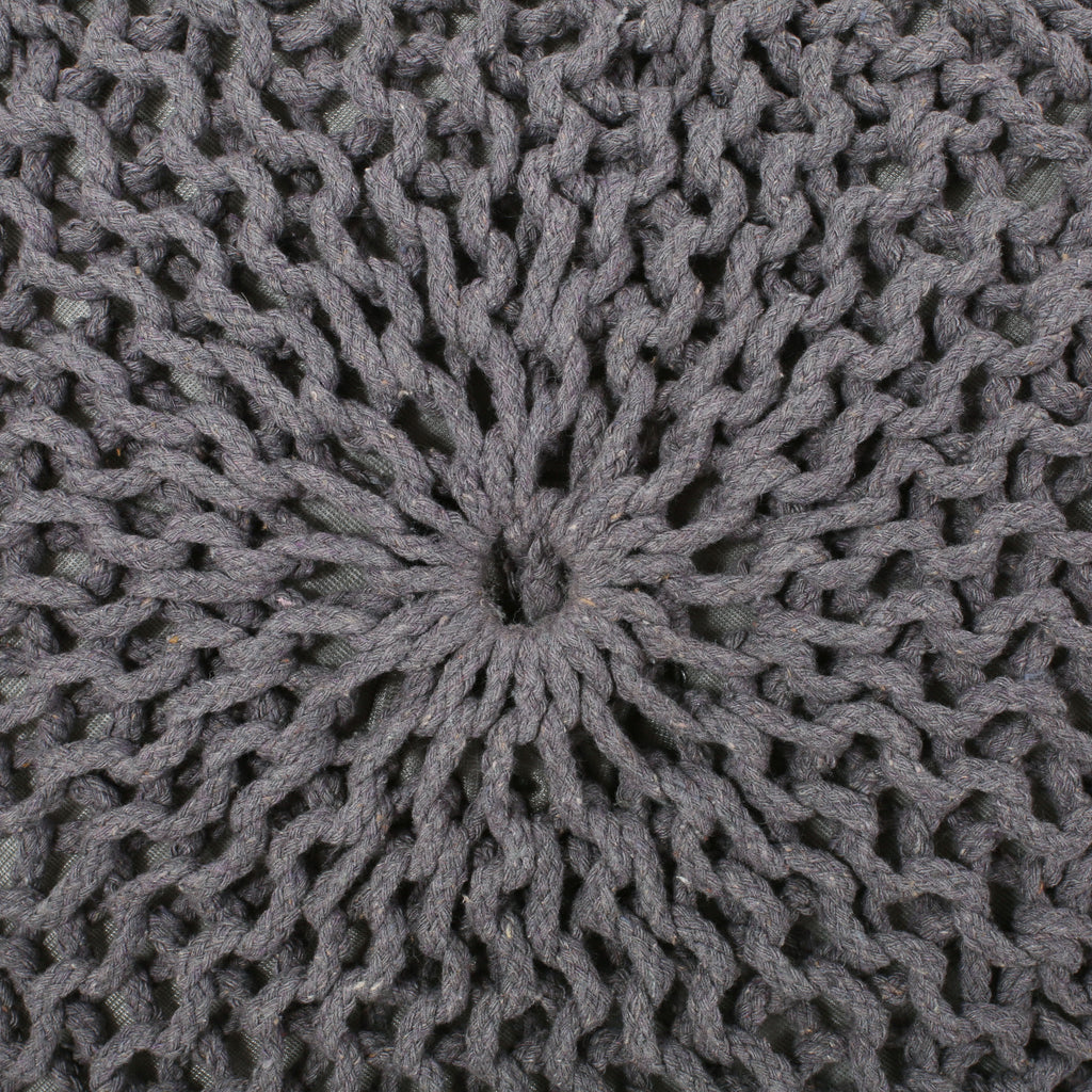 Hazel Modern Knitted Cotton Yarn Round Pouf with Eco-Friendly PET Fibers, Dark Grey, 20 x 20 inches - Grand Goldman Shop