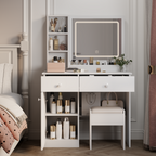 Fashion Vanity Desk with Mirror and Adjustable Lights, Makeup Table Set with 2 Drawers, White MDF, 35.43' x 15.75' x 51.97' - Grand Goldman Shop