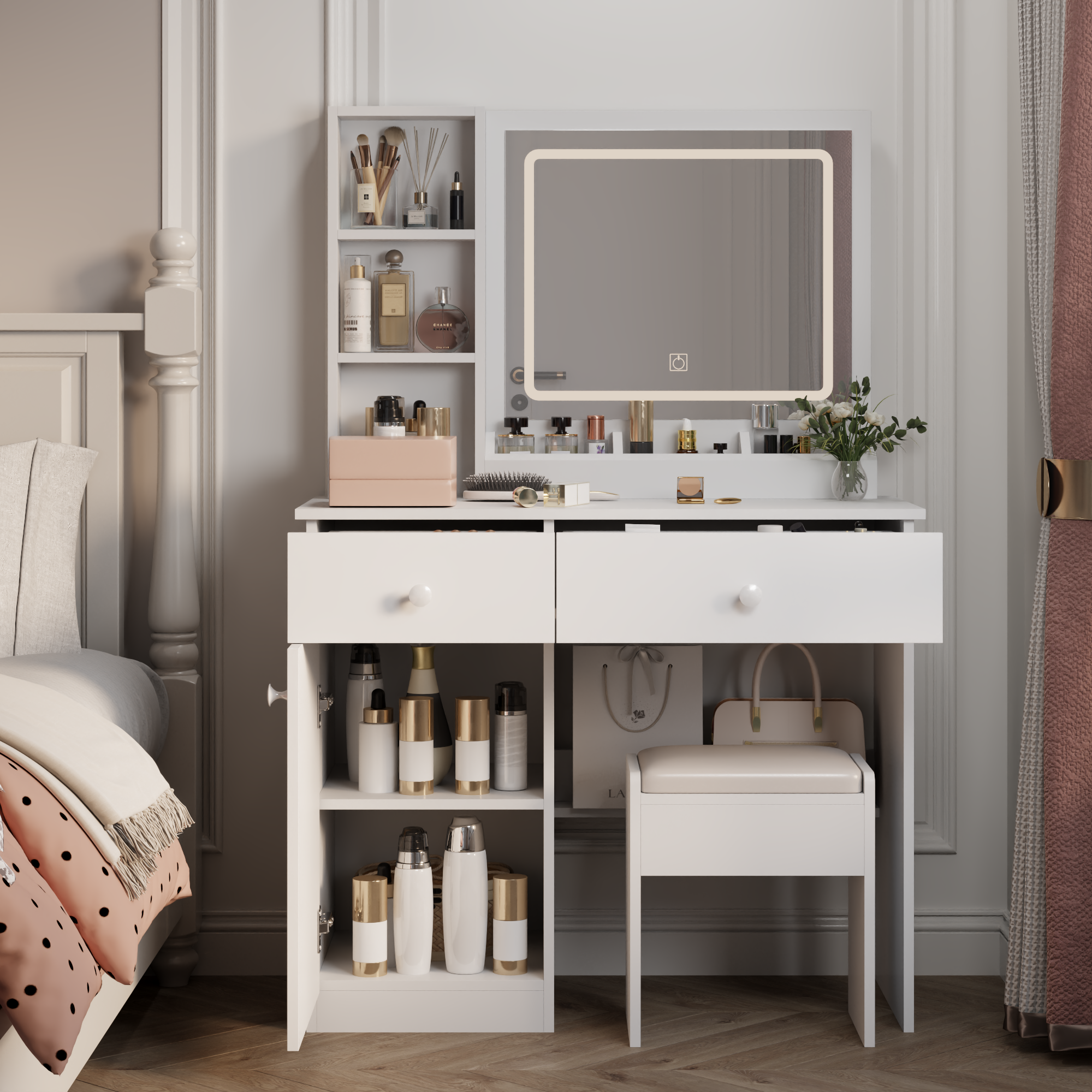 Fashion Vanity Desk with Mirror and Adjustable Lights, Makeup Table Set with 2 Drawers, White MDF, 35.43' x 15.75' x 51.97' - Grand Goldman Shop