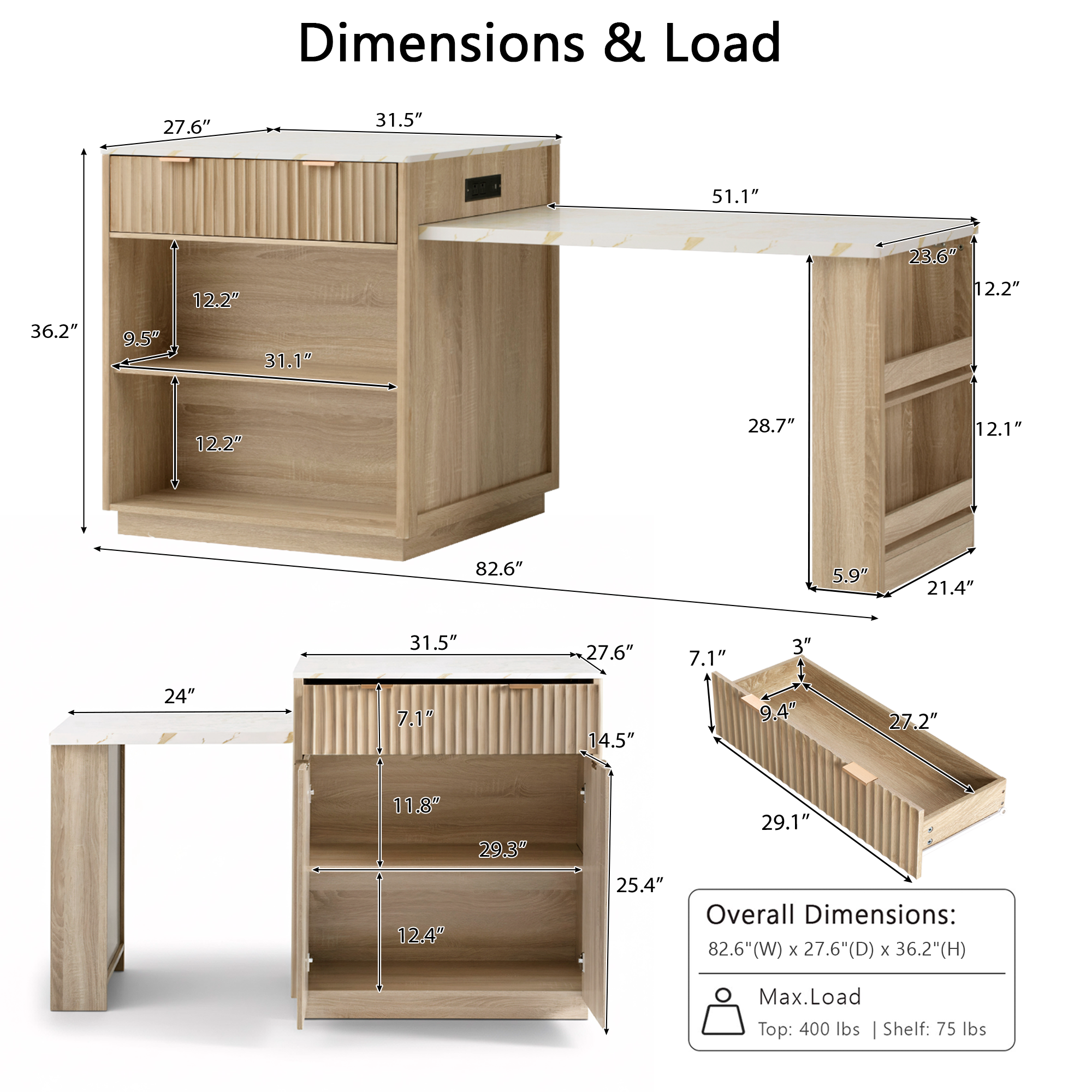 K&K 82.6' Fluted Kitchen Island with Extendable Dining Table for 4-6, Island Table for Kitchen with Power Outlet, Kitchen Table with Double-Side Storage, 2 Drawers 2 Side Open Shelves, Natural - Grand Goldman Shop