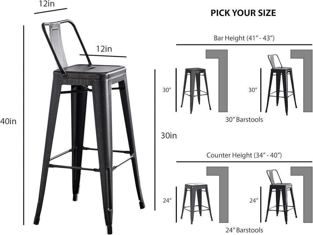 Modern Light Weight Industrial Contemporary Rustic Vintage Costal Metal Barstools with Bucket Back and 4 Leg Design, Seat Bar