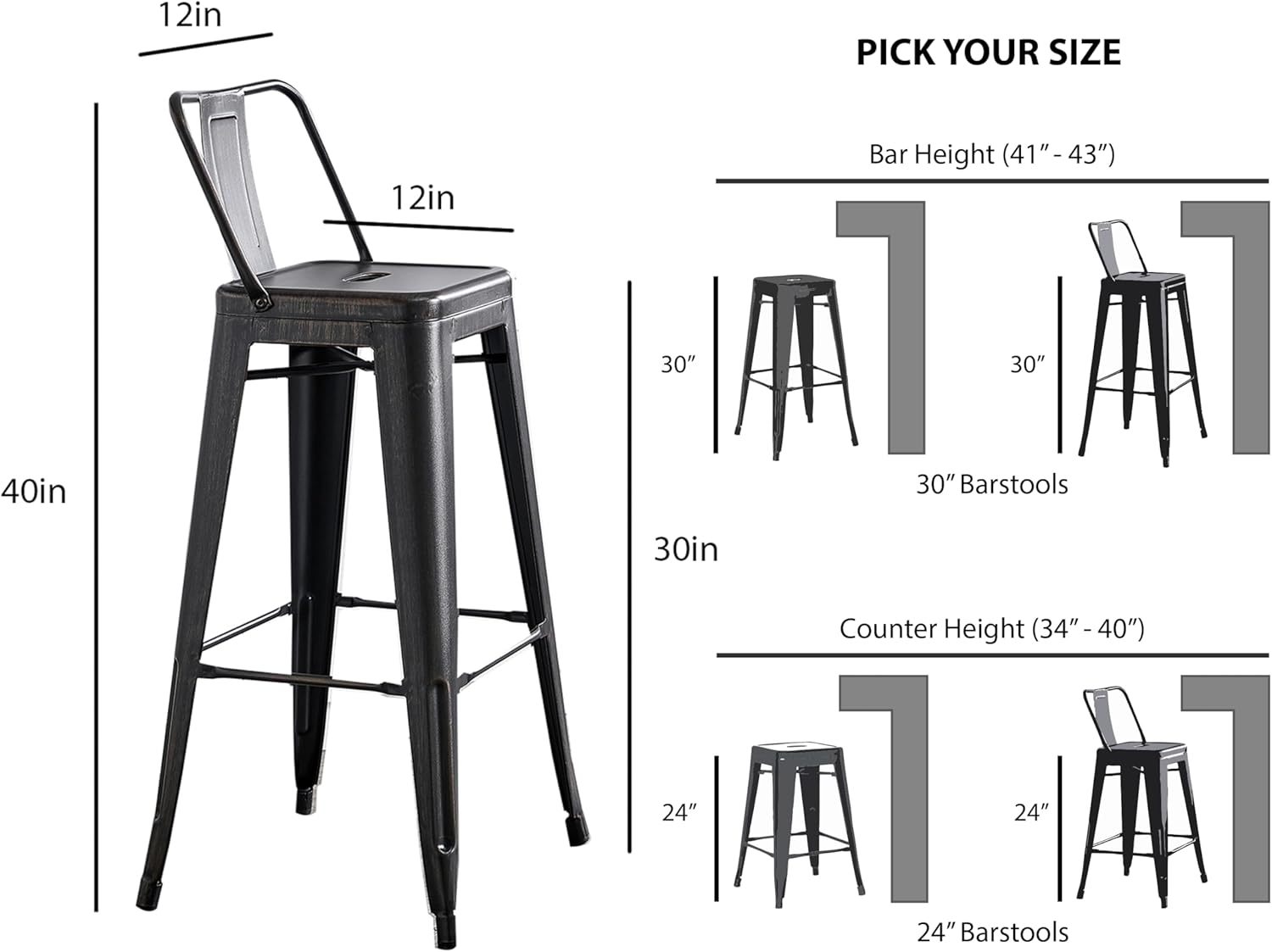 Modern Light Weight Industrial Contemporary Rustic Vintage Costal Metal Barstools with Bucket Back and 4 Leg Design, Seat Bar