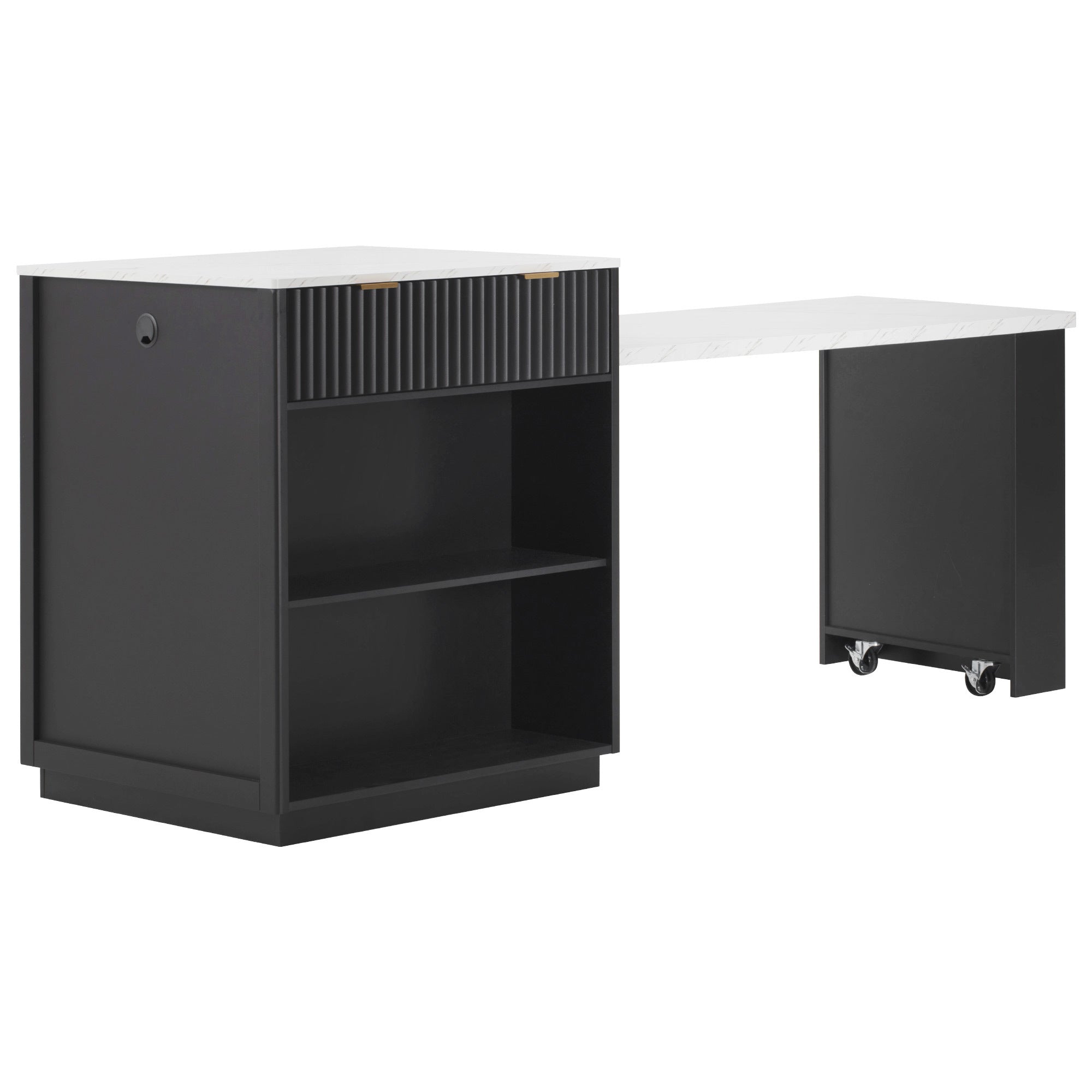 K&K 82.6' Fluted Kitchen Island with Extendable Dining Table for 4-6, Island Table for Kitchen with Power Outlet, Kitchen Table with Double-Side Storage, 2 Drawers 2 Side Open Shelves, Black - Grand Goldman Shop