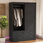 Tall Bedroom Armoire Wardrobe Closet Clothing Storage Cabinet with Hanging Rod Barn Door Drawers Open Shelves - Grand Goldman Shop