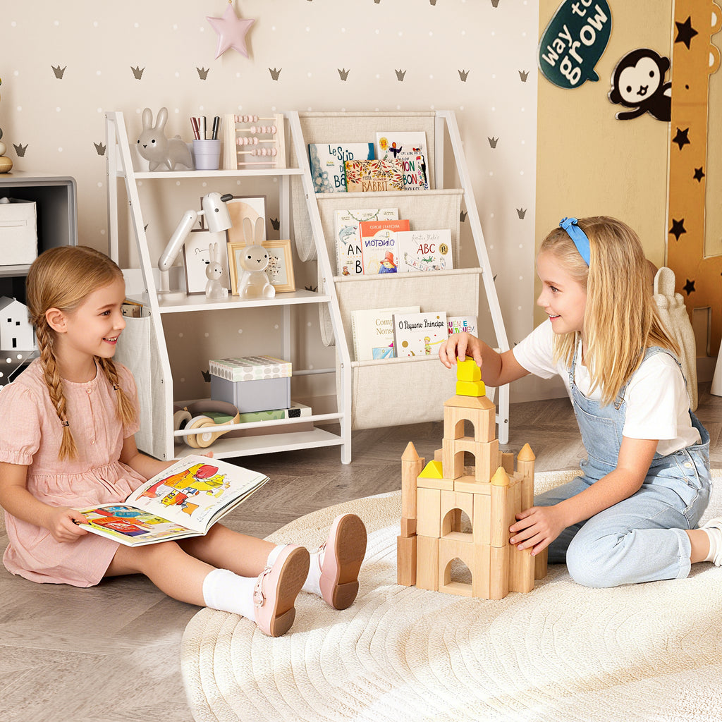 Kids Bookshelf and Toy Storage Organizer, Montessori Bookcase for Toddler Nursery, Wooden & Fabric Book Shelf with Anti-Tip S