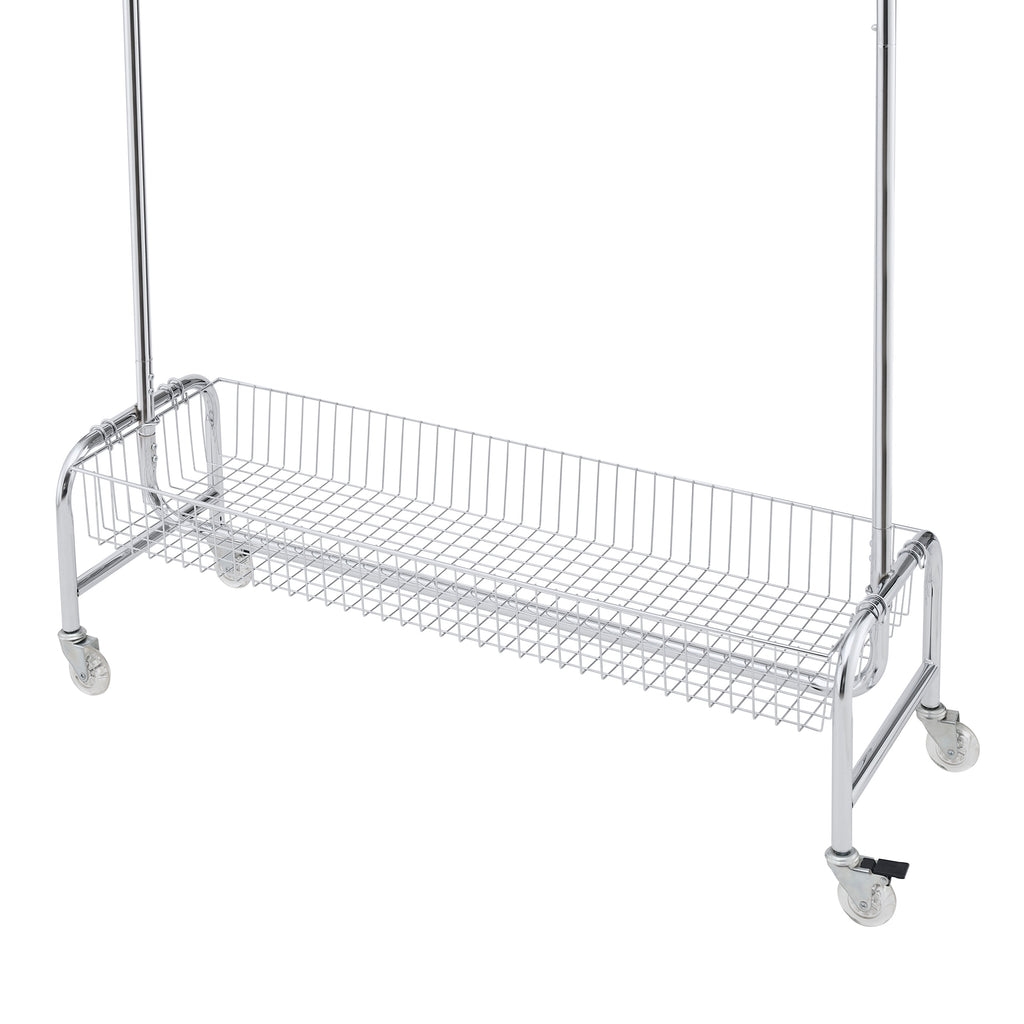 Heavy Duty Silver Iron Garment Rack with Basket on Wheels, 47.24 x 15.75 x 66.93 Inches - Grand Goldman Shop