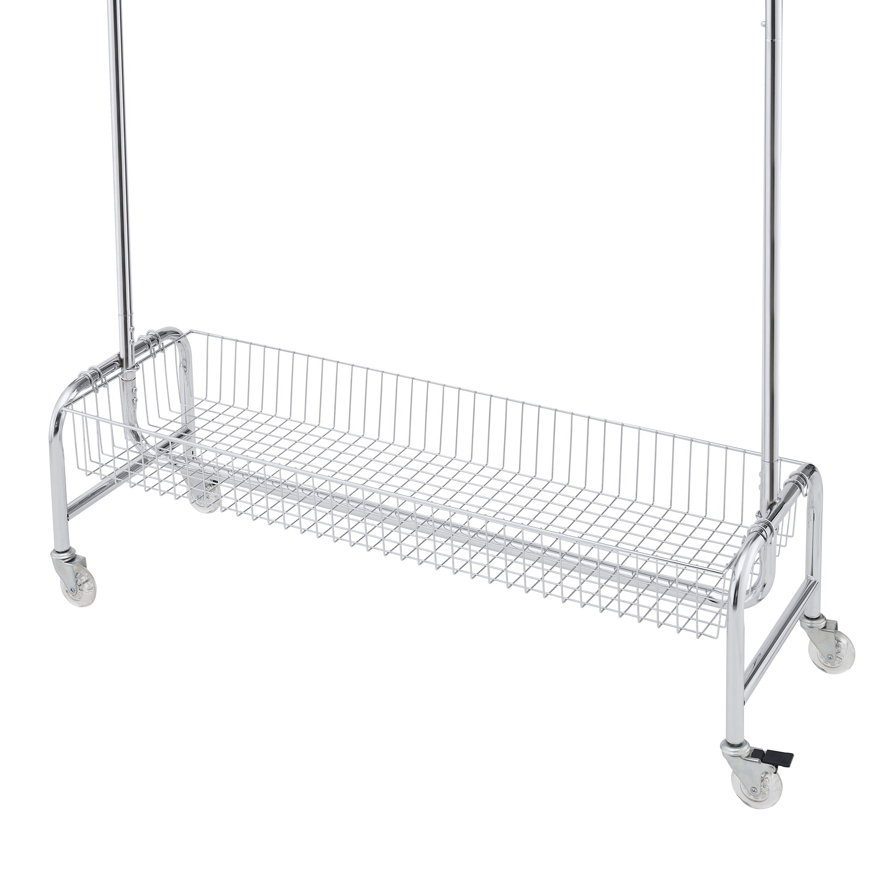 Heavy Duty Silver Iron Garment Rack with Basket on Wheels, 47.24 x 15.75 x 66.93 Inches - Grand Goldman Shop