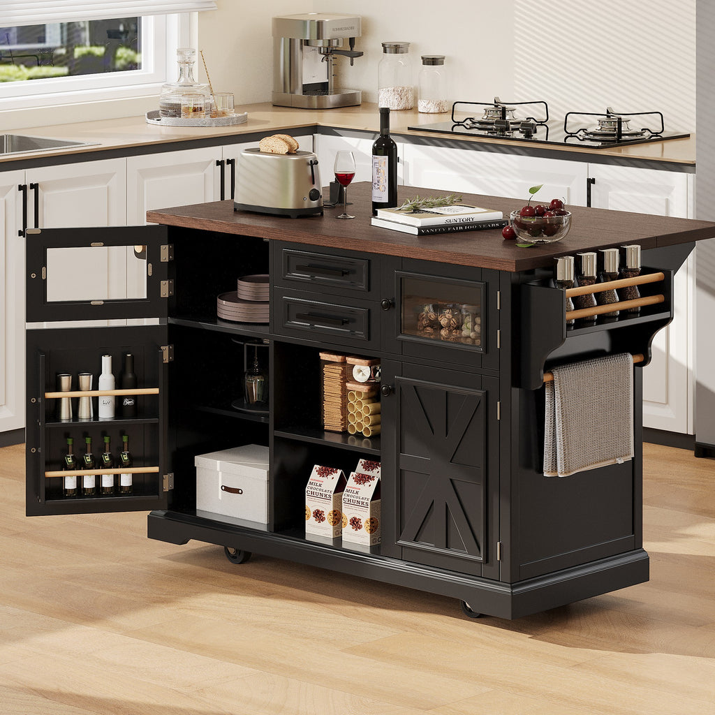 K&K 54.9' Kitchen Island with Drop Leaf, Power Outlet, Kitchen Storage Cart with 4 Door Shelves, Cross Barn Doors & Visual Glass Door, Rolling Kitchen Island on 4 Wheels for Kitchen, Dining Room,Black - Grand Goldman Shop
