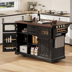 K&K 54.9' Kitchen Island with Drop Leaf, Power Outlet, Kitchen Storage Cart with 4 Door Shelves, Cross Barn Doors & Visual Glass Door, Rolling Kitchen Island on 4 Wheels for Kitchen, Dining Room,Black - Grand Goldman Shop