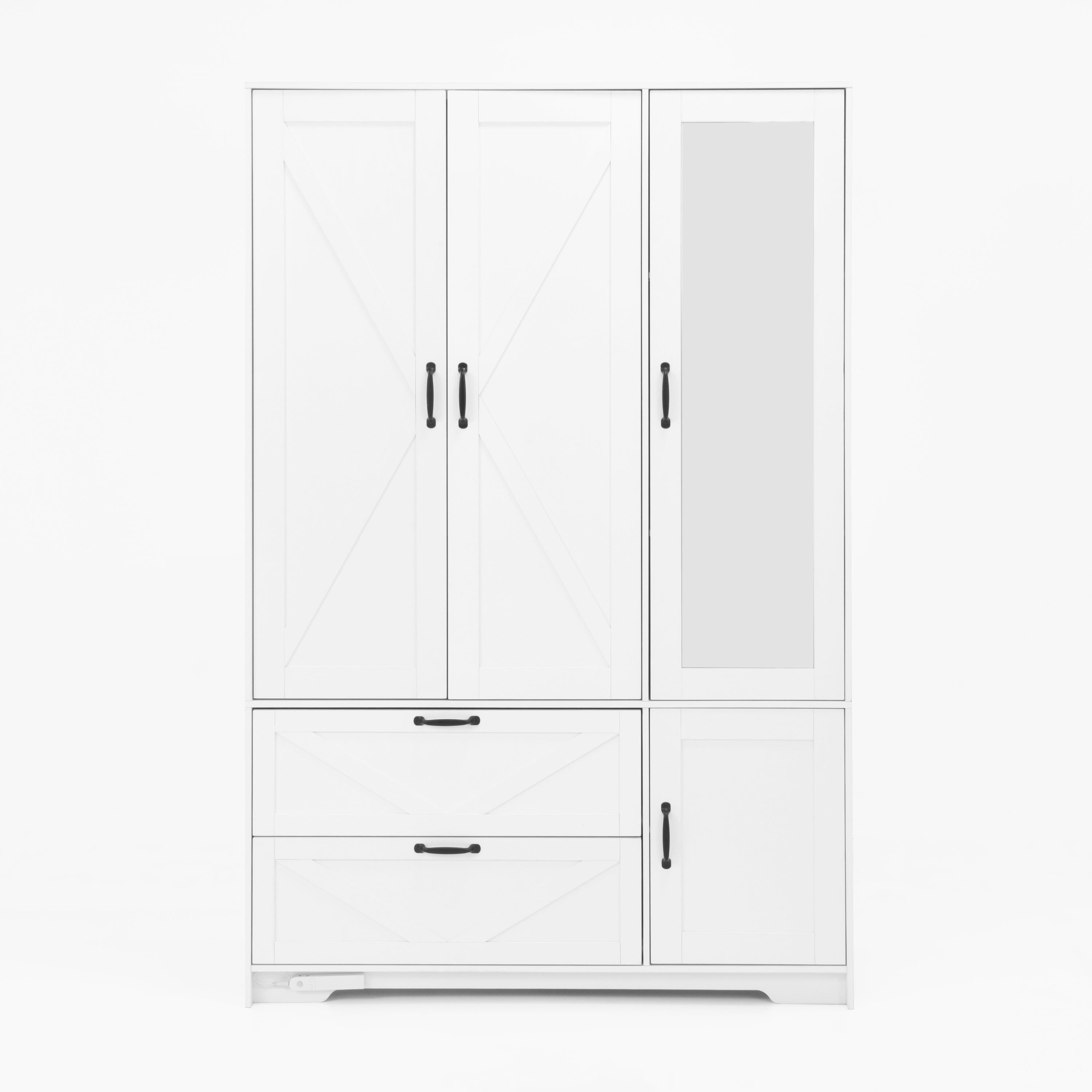 4 Doors Wardrobe Closet with Mirror, LED Wardrobe with Doors and 2 Drawers, Wooden Wardrobe Storage Cabinet with Hanging Rod, Adjustable Shelves, White - Grand Goldman Shop