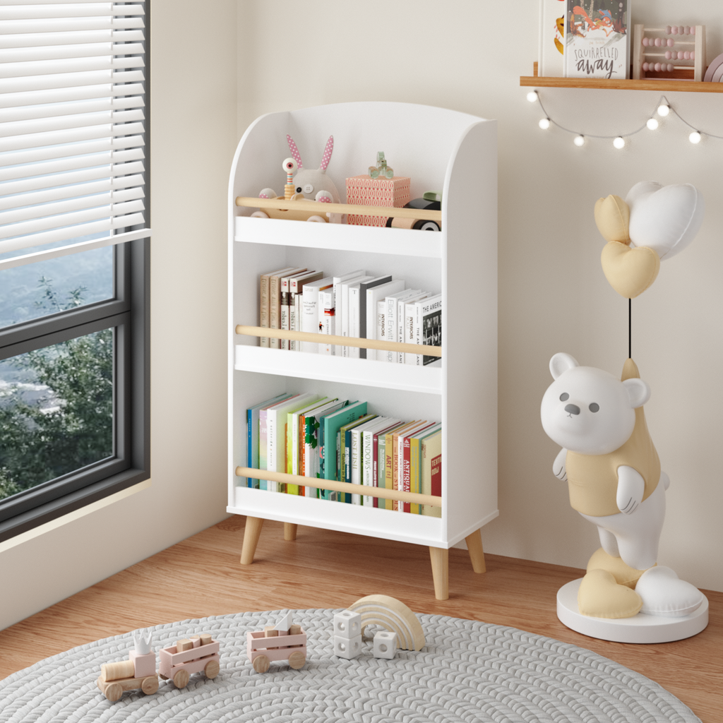 Kids Bookshelf 3-Tier White Book Organizer with Toy Storage, MDF and Pine Wood Legs | Premium Home Decor - Grand Goldman