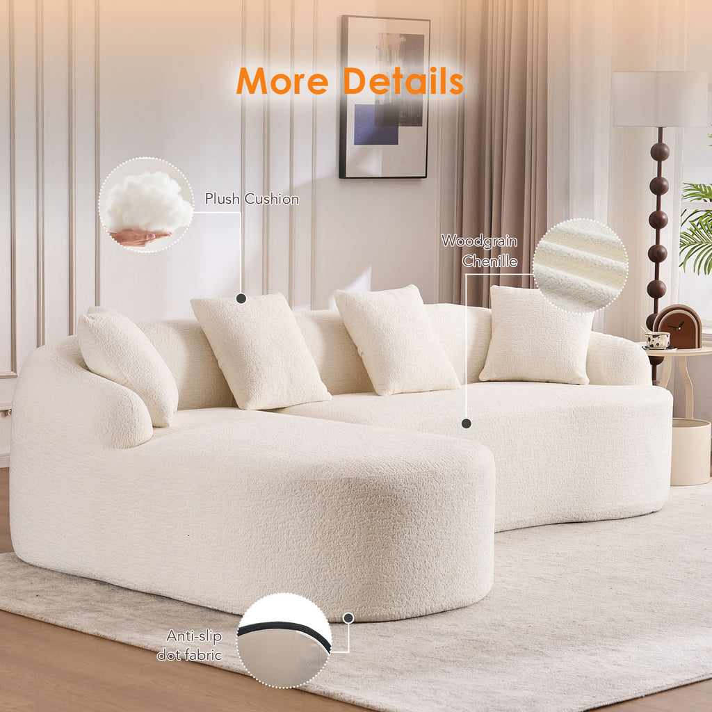 Boneless L-Shape Sectional Sofa with Curved Chaise,White Modular Chenille Compression Couch,30D High-Density Foam,Minimalist Modular Couches Sleeper for Living Room Bedroom Apartment Lounge. - Grand Goldman Shop