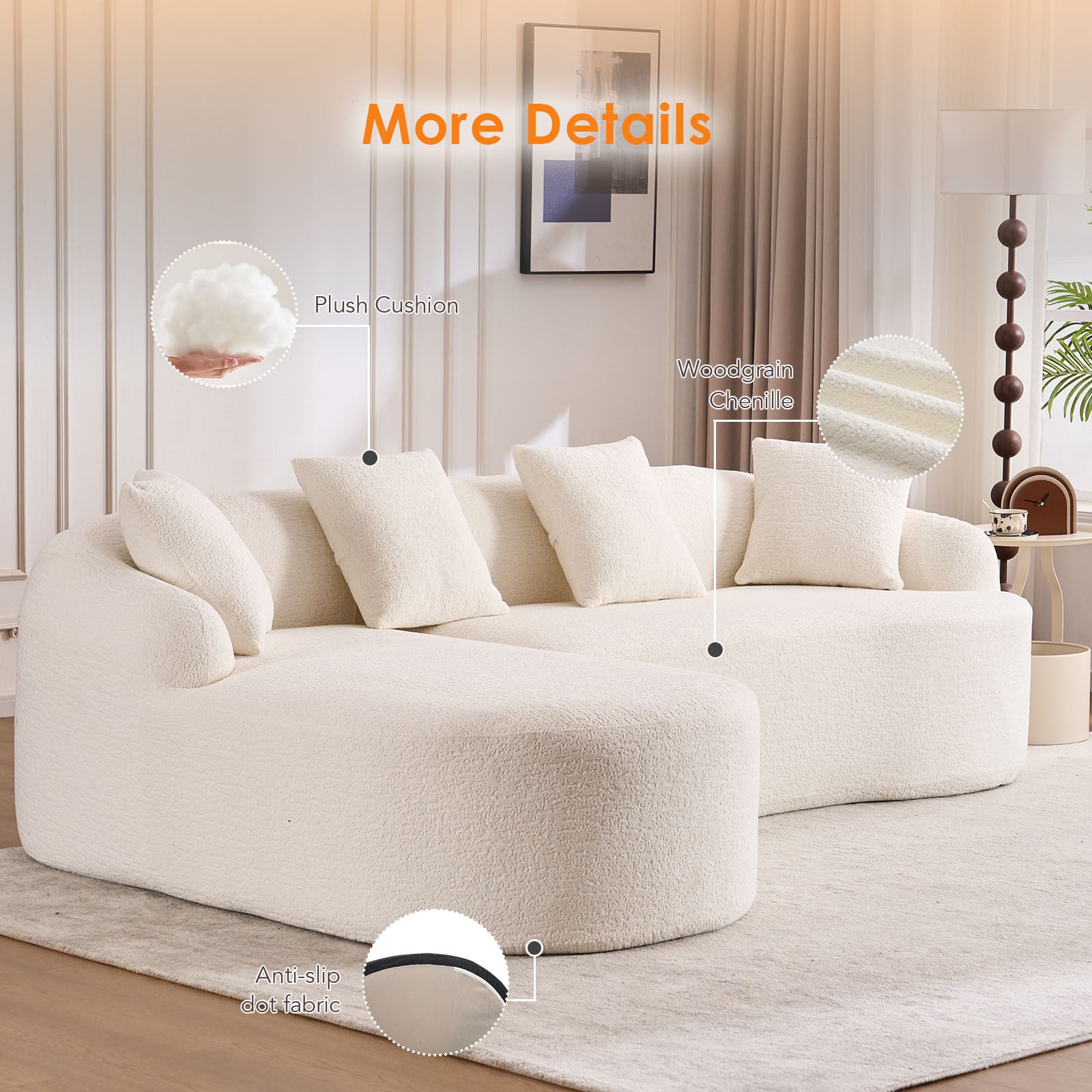 Boneless L-Shape Sectional Sofa with Curved Chaise,White Modular Chenille Compression Couch,30D High-Density Foam,Minimalist Modular Couches Sleeper for Living Room Bedroom Apartment Lounge. - Grand Goldman Shop