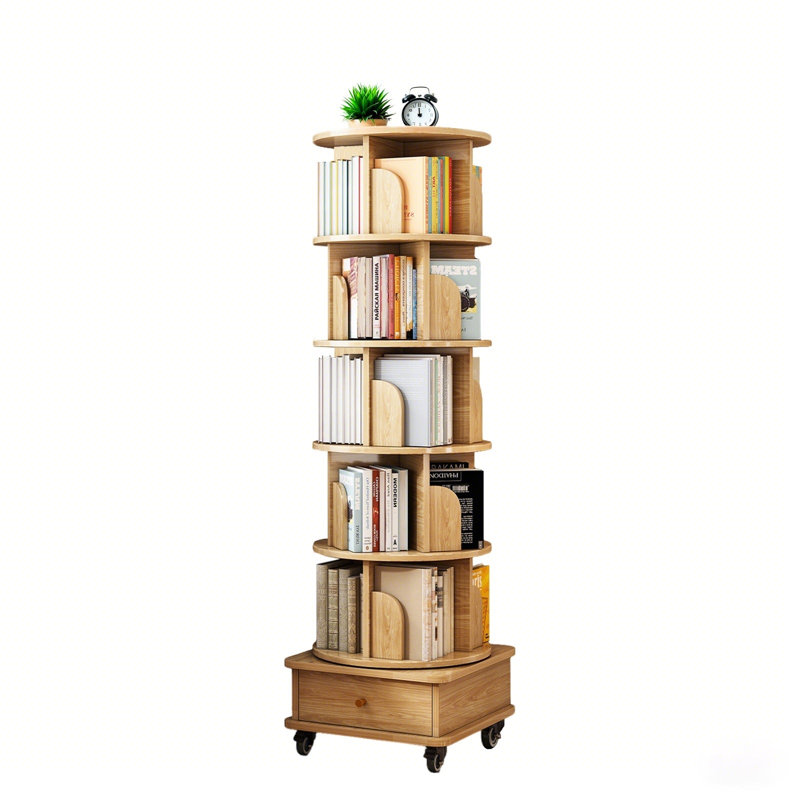 6 Tier Rotating Bookshelf, 360° Display Round Spinning Bookshelf with Wheels and Drawer, Space-Saving, Small Space Rotating Bookshelf Tower for Bedroom, Living Room, Home, Office, Wood Color - Grand Goldman Shop