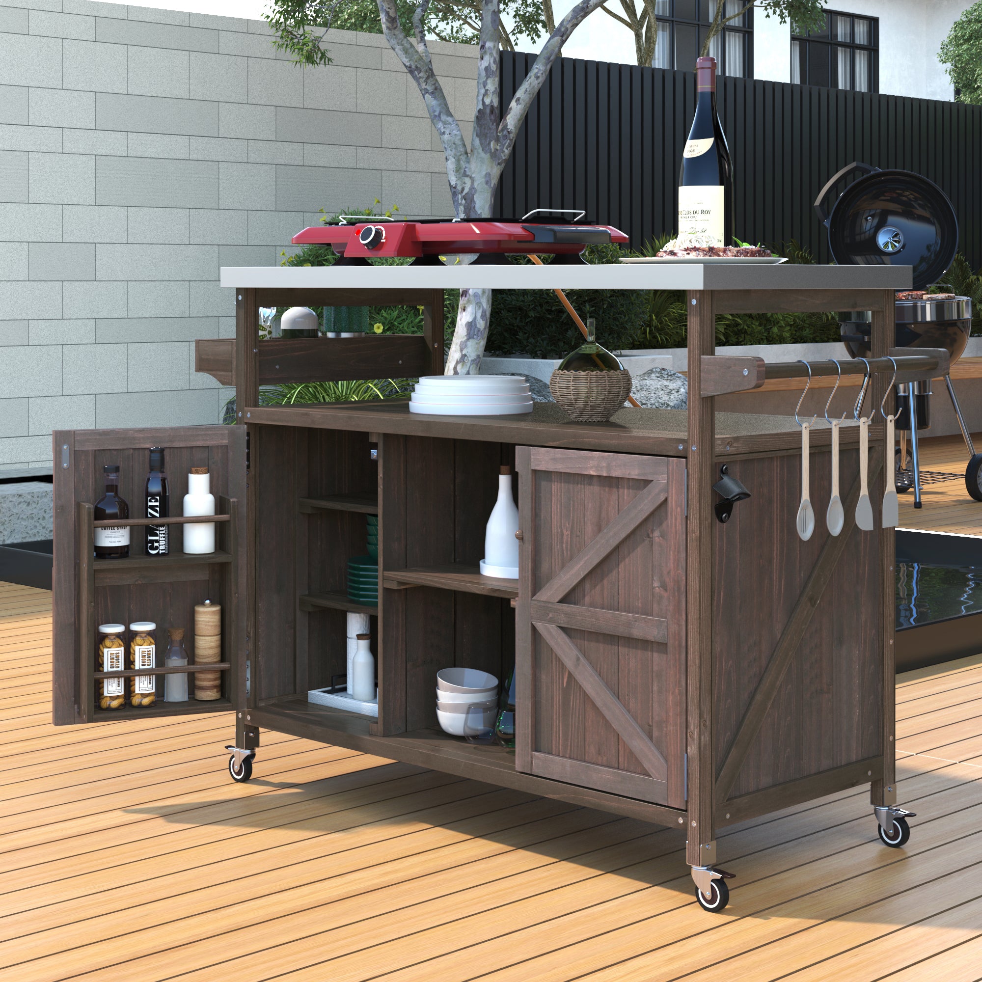 K&K Outdoor Kitchen Island, Rolling Bar Cart & Storage Cabinet, Farmhouse Solid Wood Outdoor Grill Table with Stainless Steel Top, Spice Rack , Towel Rack for Kitchen & Barbecue , Dark Brown - Grand Goldman Shop