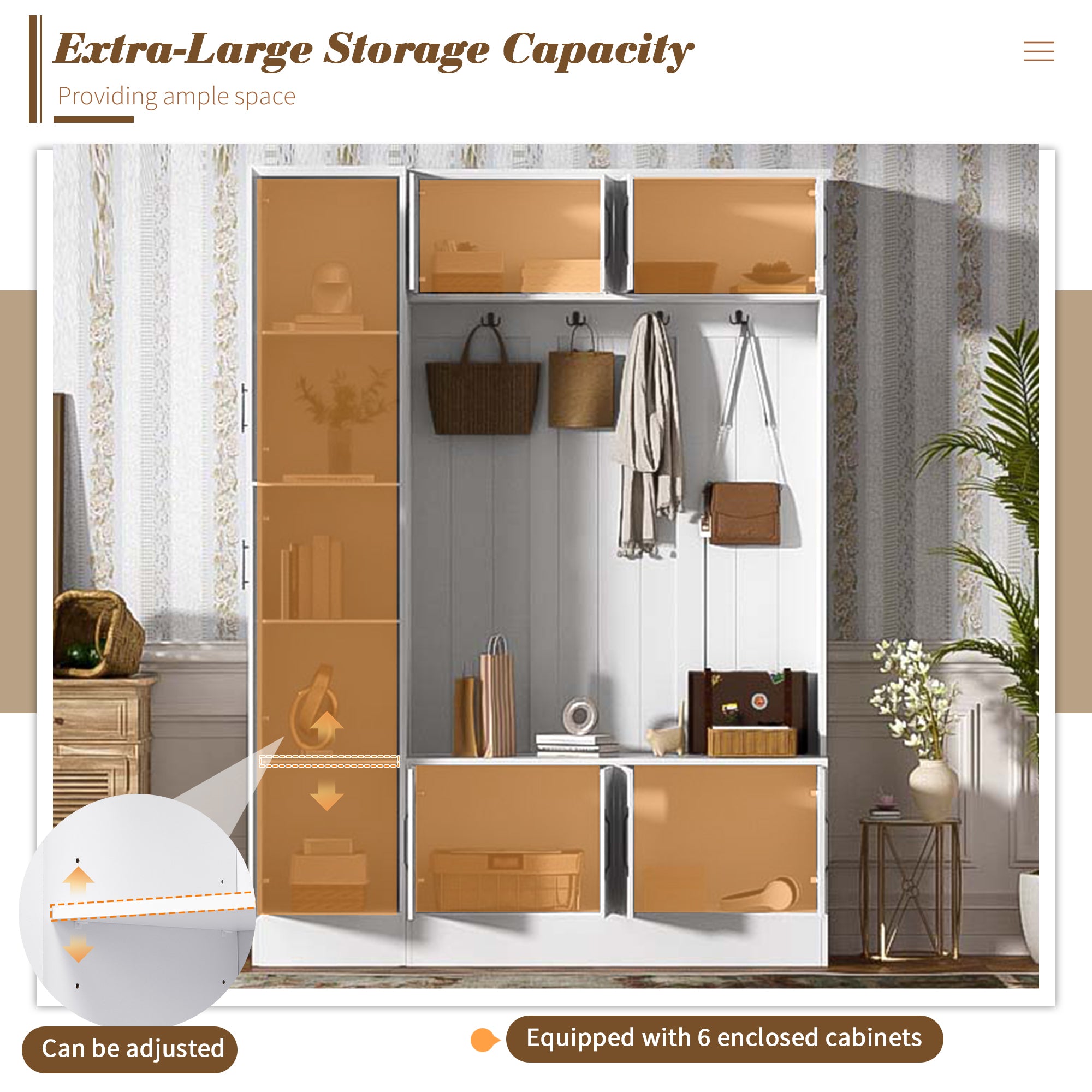 VIBE HAUS 79'' Tall Modern Hall Tree with Shoe Storage, 4-in-1 Entryway Bench with 6 Cabinets, 4 Coat Hooks & Adjustable Shelf for Hallway, living room, White - Grand Goldman Shop