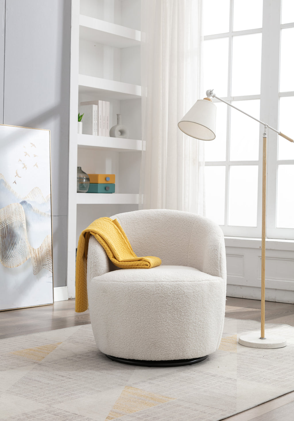 Teddy Fabric Swivel Accent Armchair Barrel Chair With Black Powder Coating Metal Ring,Ivory White - Grand Goldman Shop