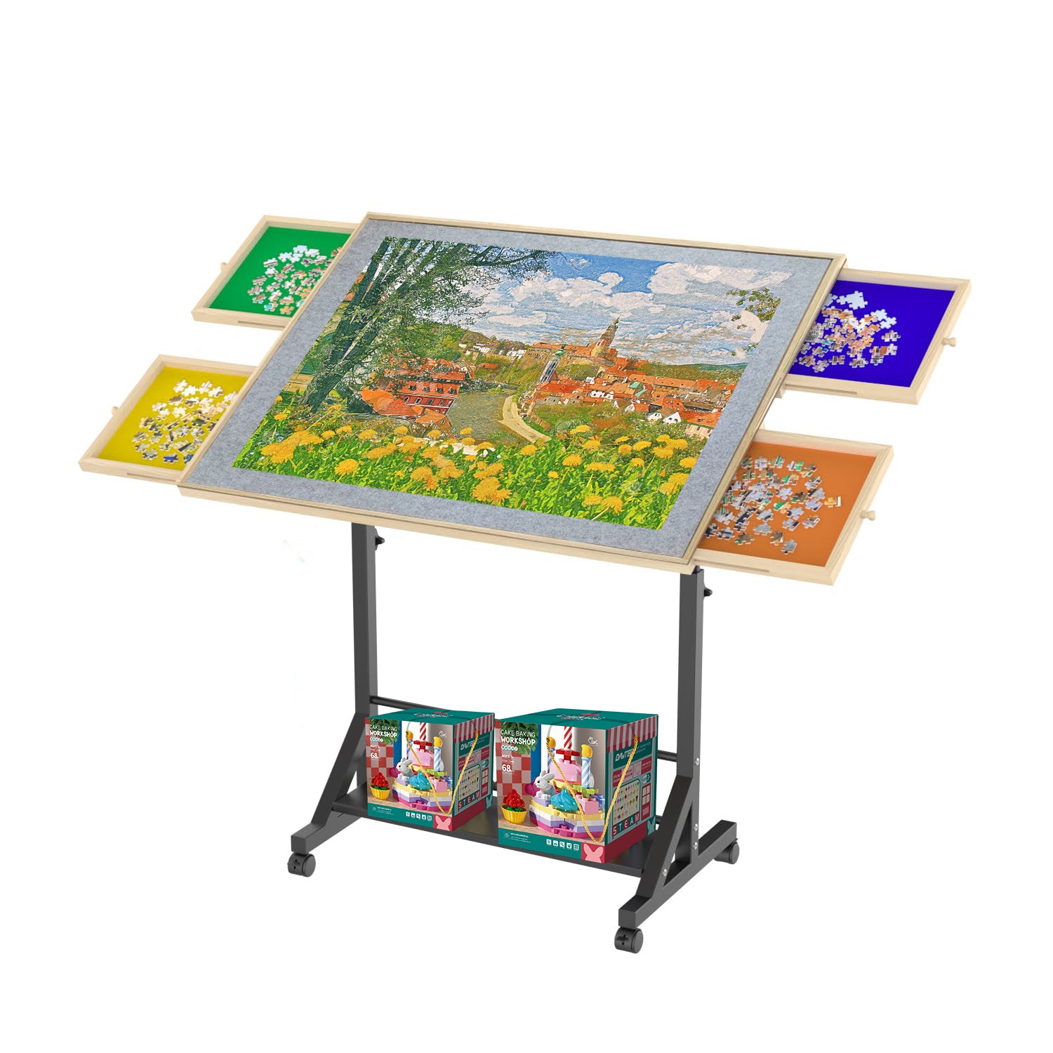 Wooden 1500 Pieces Puzzle Table with Drawer, 35'*27.17' Adjustable Puzzle Table, 360° Tilting Puzzle Table with Legs and Whee