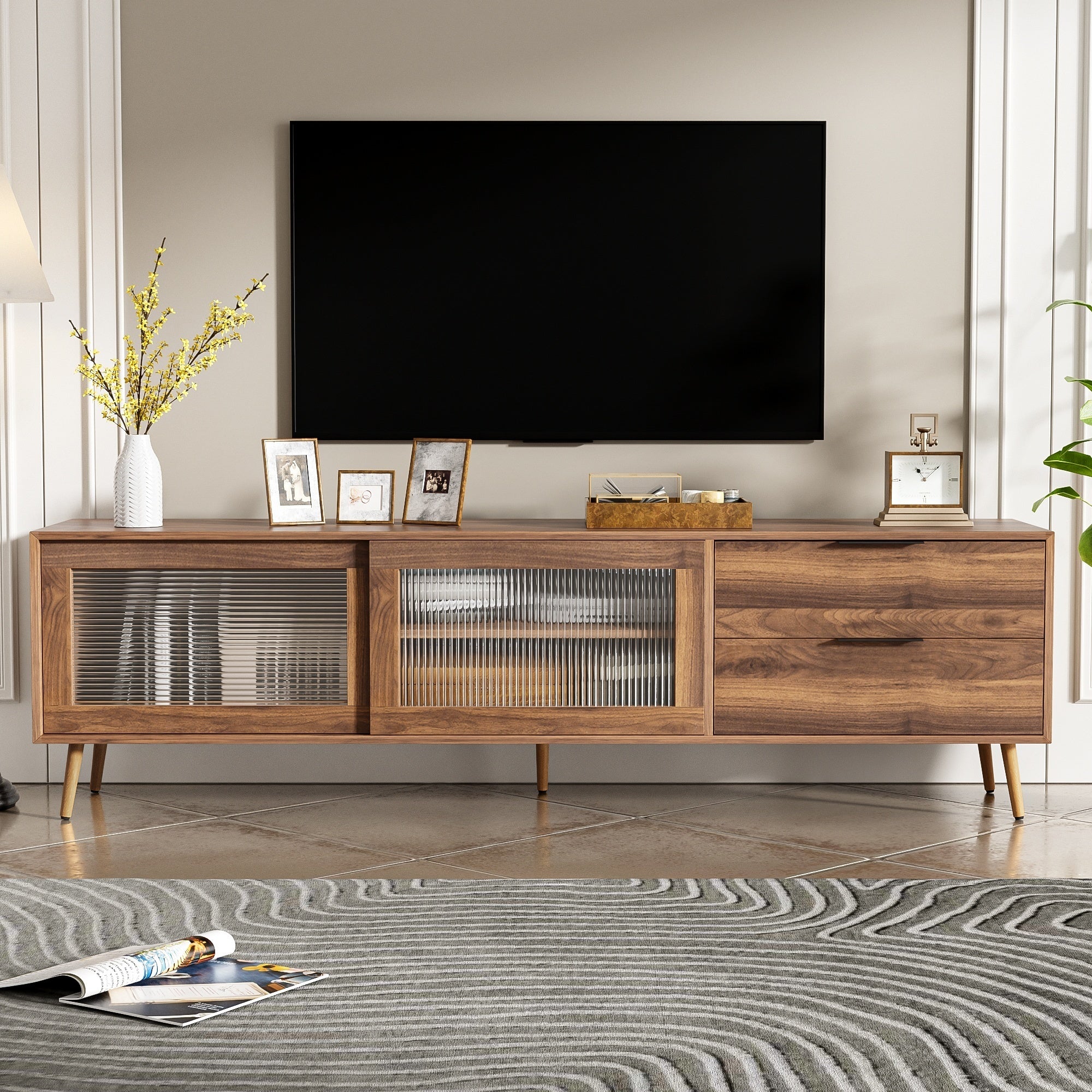 Modern Walnut TV Stand for 75+ TV, 70' Media Console with 2 Glass Doors, 2 Drawers & Storage Cabinet, MDF and Solid Wood Construction - Grand Goldman Shop