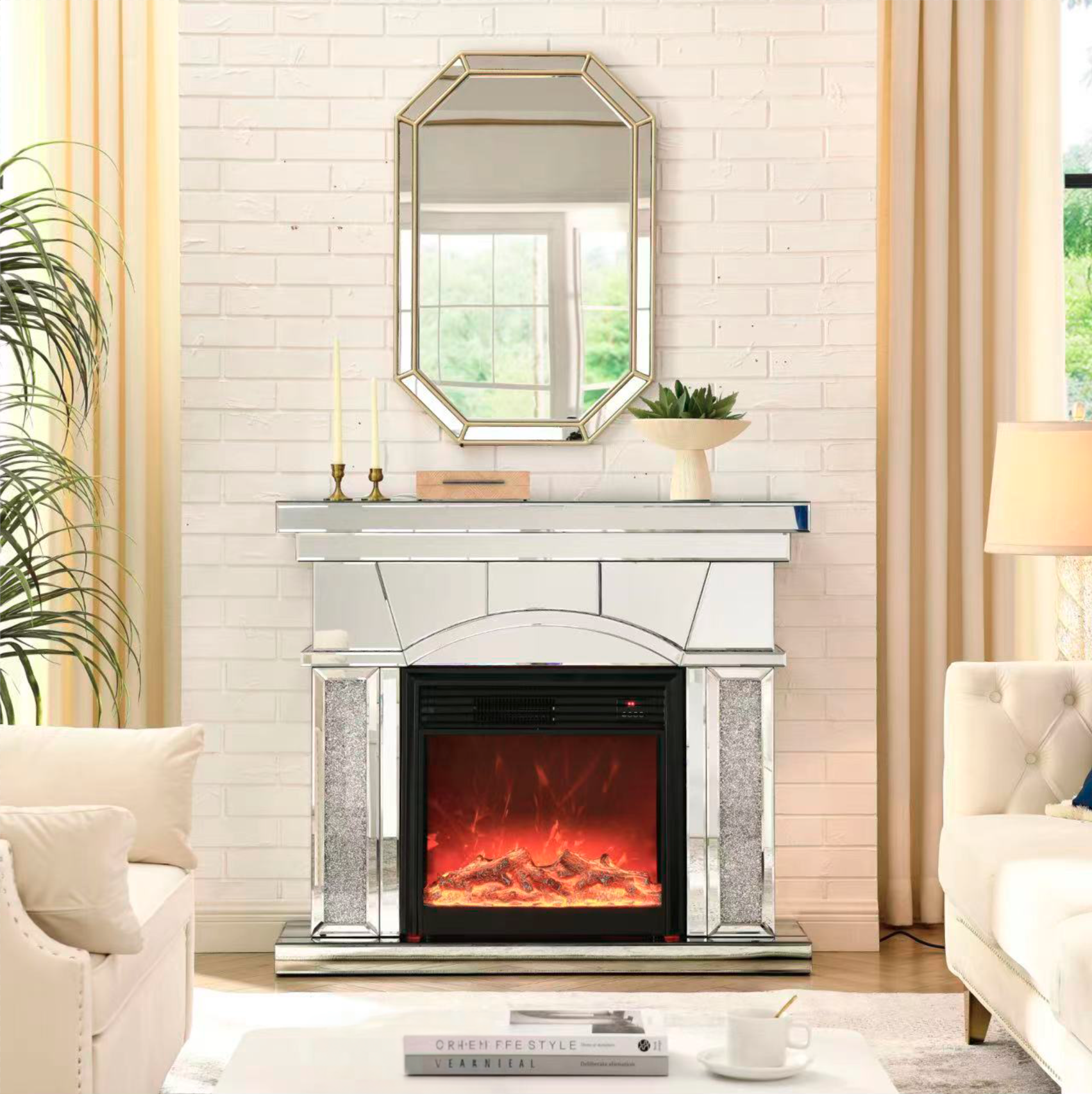 Dome door acrylic mirror fireplace cabinet, TV fireplace cabinet - Grand Goldman Shop