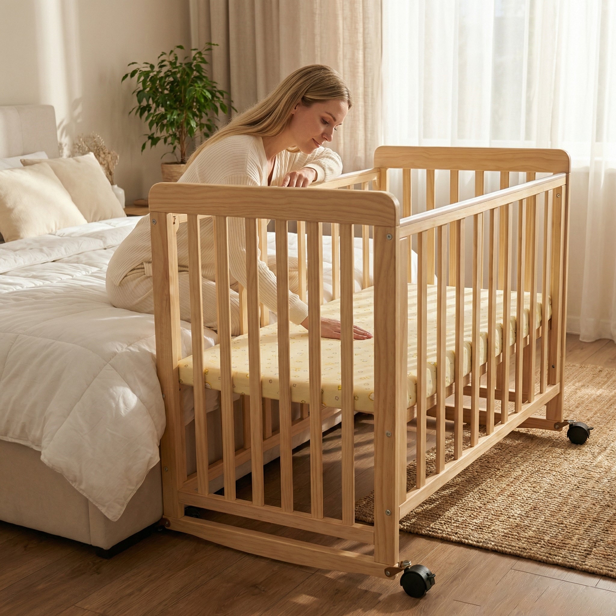 Portable Pine Wood Bedside Bassinet with 3 Heights, Natural Wood Mini Crib for Newborns 0-36 Months, Space-Saving Design | Pr