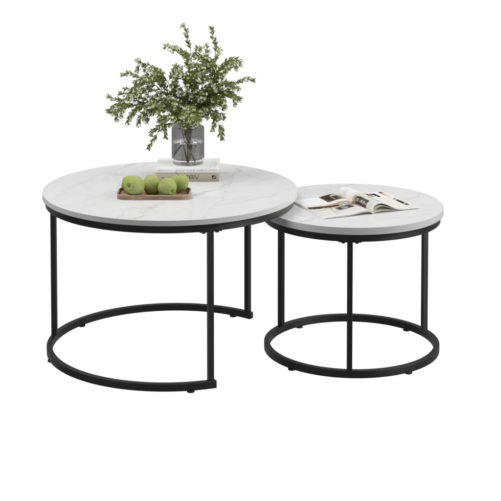 Nesting Coffee Table Set of 2, 27.6inch Round Wood Marble Pattern Top with Sturdy Metal Frame, White Living Room End Tables for Bedroom Balcony Yard - Grand Goldman Shop