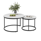 Nesting Coffee Table Set of 2, 27.6inch Round Wood Marble Pattern Top with Sturdy Metal Frame, White Living Room End Tables for Bedroom Balcony Yard - Grand Goldman Shop