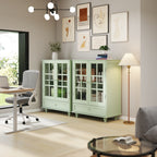 Minimalism Buffet Cabinet with Double Glass Doors and Drawer, Modern Wooden Storage Sideboard Cupboard, Mint Green, MDF and Solid Wood, 28''x15''x36.22'' - Grand Goldman Shop