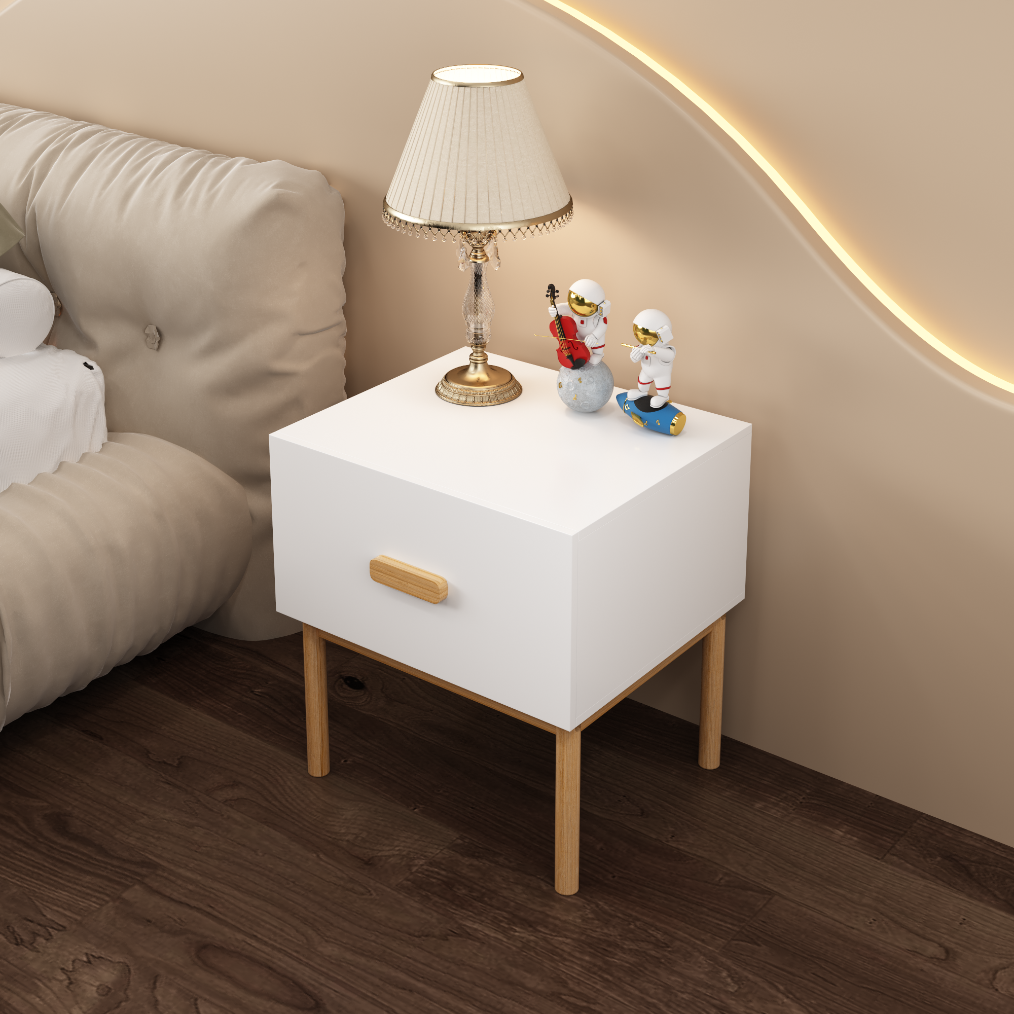 Modern White Nightstand with Drawer and Wood Legs, Minimalist Bedside Table with Handle for Bedroom, Living Room, Apartment - Grand Goldman Shop