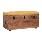 Solid Wood Buffalo Hide Honey Caramel Storage Trunk, Leather Upholstered, Yellow and Brown - Grand Goldman Shop