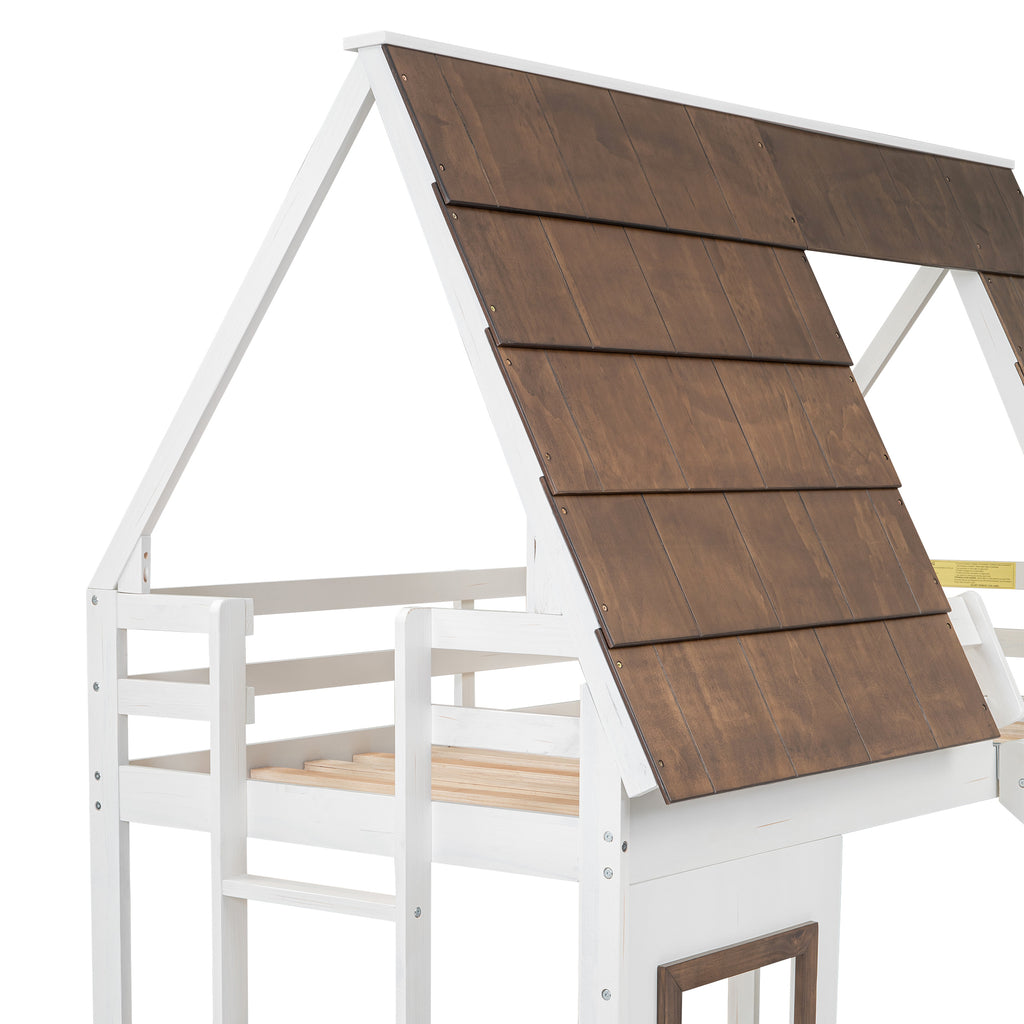 Hearth & Haven Bunk Twin Bed with House Roof, Ladder and Slide, White and Brown - Grand Goldman Shop