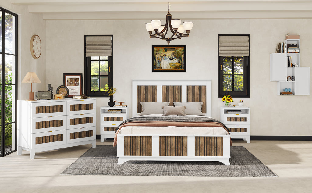 4-Pieces Bedroom Sets, Queen Size Farmhouse Platform Bed with Wooden Strip Stickers Decoration, Storage Nightstand and Dresser with Metal Handle, White(Old SKU: HL000191AAK) - Grand Goldman Shop
