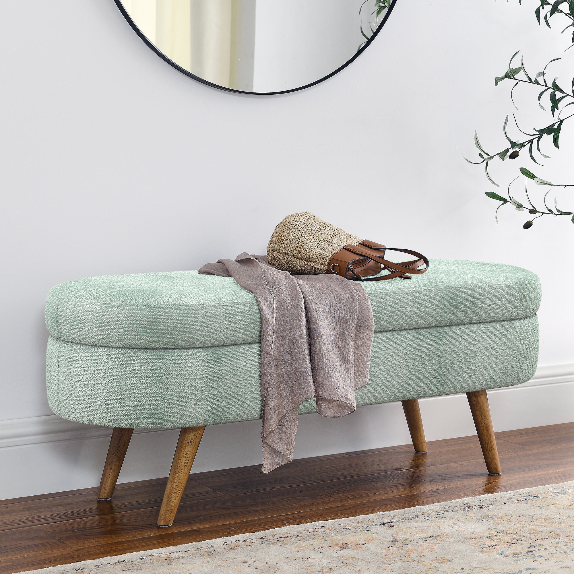 Cyan Ottoman Oval Storage Bench with Rubber Wood Legs, Gray Fabric, 43.5'x16'x16' - Grand Goldman Shop